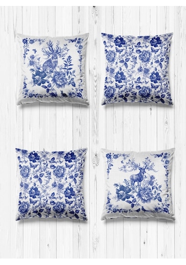 Çift Tarafı Farklı Desenli Süet 4'lü Kırlent Kılıfı-Vintage Hayvanlar Mavi
