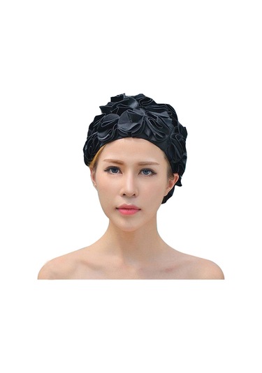 Suntek Yüzme Şapkası Çiçek Yaprakları Trendy Plaj Siyah