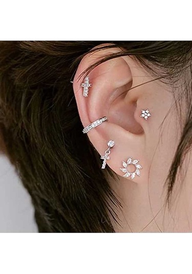 Flybuy Çapraz Tragus Piercing Küpe - Kristal Damızlık Halter Kıkırdak Hoop - Gümüş, 1.50 Cm Gümüş