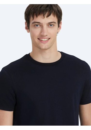 Kip Lacivert Düz Bisiklet Yaka %100 Pamuk T-shirt Lacivert