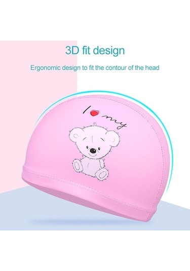 Dm Çocuk Su Geçirmez Saç Bakım Pu Kaplamalı Karikatür Desenli Yüzme Bonesi Pembe Ayı Pembe