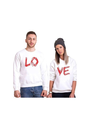 Tshirthane Lo Ve Aşk Sevgili Kombinleri Unisex Sweatshirt Kırık Beyaz