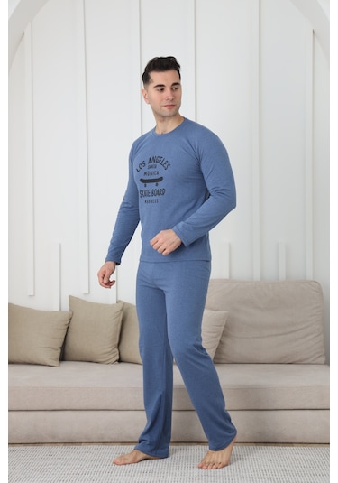 Fames Pijama Erkek Uzun Kol Penye Pijama Takimi Mavi