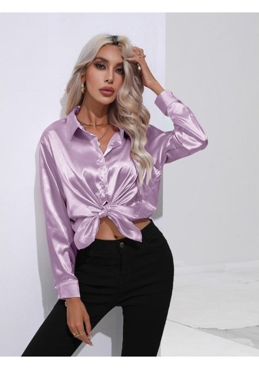 Lavanta İlkbahar Ve Sonbahar Kadın Gömlek Saten Gömlek Mizaç Banliyö Uzun Kollu Üst Lila