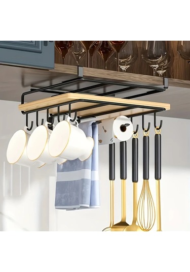 Honeybeeshop Siyah Mutfak Depolama Rafı Bardak Askılı Kesme Tahtası Kağıt Havlu Tutucu Ev Aşçıları İçin Siyah