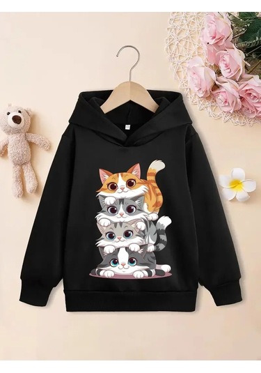 Kışlık Kapüşonlu Sweatshirt, Çocuk Kediciklerbaskılı SiYAH