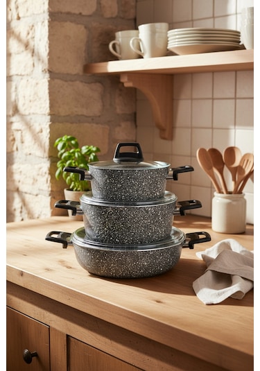 Bernardo Vormi 7 Parça Granit Tencere Seti Gri Gri