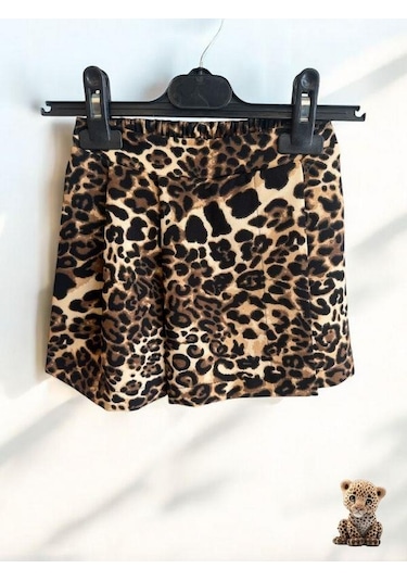 Kız Çocuk Bel Lastikli Leopar Desenli Şort Etek-14740 Kahverengi