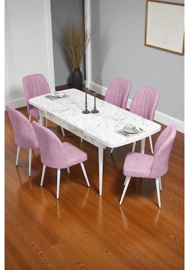 Bara Siyah Mermer 80x132 Açılabilir Sunta Masa Yemek Odası Takımı, Mutfak Takımı 6 Adet Sandalye Pembe