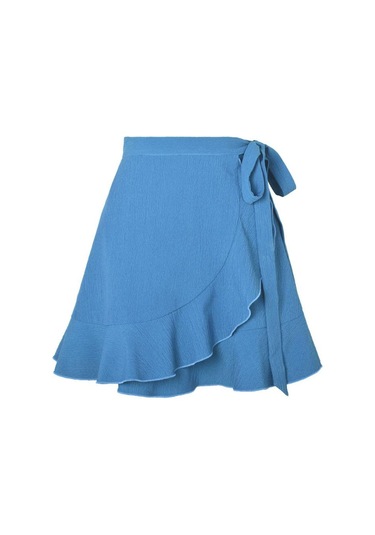 Yaz Kravat Yüksek Bel Düz Renk Fırfırlı Kısa Yarım Vücut Etek Mavi