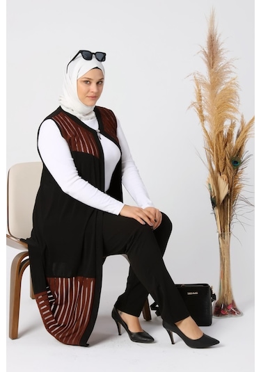 Kadin Buyuk Beden Transparan Taşlı Uzun Yelek 001