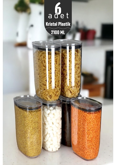 İronika Jumbo Boy 2100 Ml Gerçek Vakumlu Silikon Kapaklı Kristal Erzak Bakliyat Saklama Kabı Seti Baharatlık 6 Adet Şeffaf Şeffaf