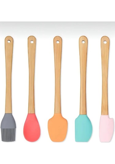 Periboia 5&amp 39 Li Renkli Ahşap Saplı Silikon Uçlu Spatula Fır Beyaz