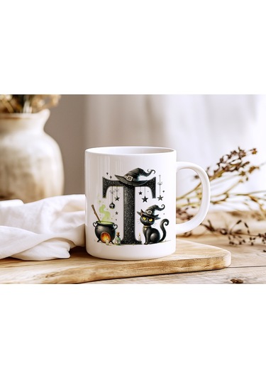 T Harfli Halloween Kedili Figür Kupa Bardak - Şapkalı Ve Kazanlı İsme Özel Kupa - Hediye Beyaz