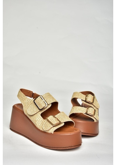 Fox Shoes U946418517 Bej Hasır Dolgu Topuklu Kadın Ayakkabı Bej-hasır