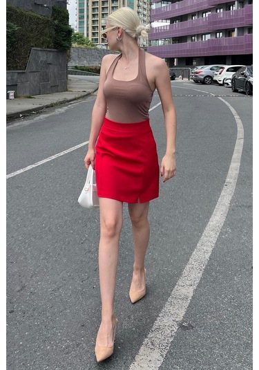 Madmext Kırmızı Yüksek Bel Önden Yırtmaçlı Kısa Etek Mg2086 Kırmızı