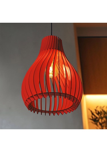 Vialux Modern Ahşap Bohem Rustik Avize Tekli Sarkıt Lamba Kırmızı Kırmızı