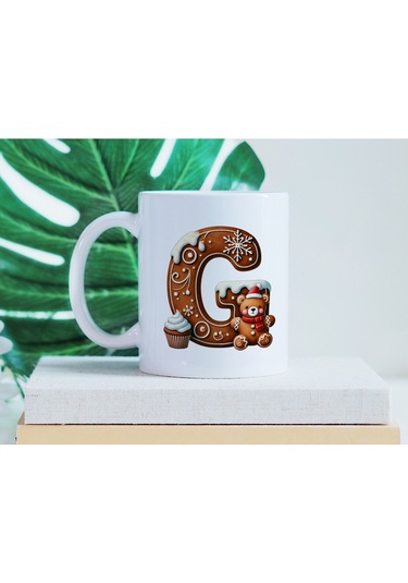 G Kurabiye Harf Ve Ayıcık Detaylı Kupa Bardak - Yeni Yıl / Yılbaşı Temalı Tasarım - Noel Hediye Beyaz