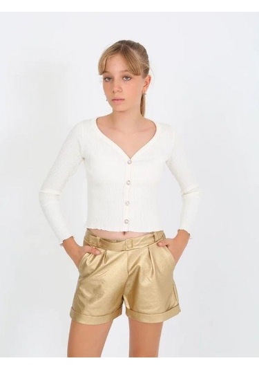 Kız Çocuk Kemerli Duble Paça Gold Deri Şort-14825 Altın