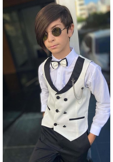 Riccotarz Erkek Çocuk Şal Yaka Düğme Detaylı Beyaz Cepken Yelek Gabardin Gömlek Takım Elbise Beyaz