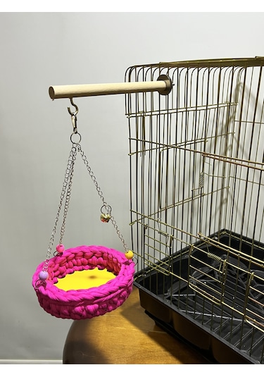 Paks Pet Örgü Kuş Hamağı Salıncak Pembe + Tünek