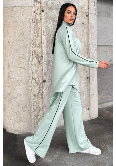 Mint Asimetrik Kesim, Fermuarlı Bluz & Bol Paça Pantolon - Viskon İki İplik Kumaş Alt & Üst Takım Mint