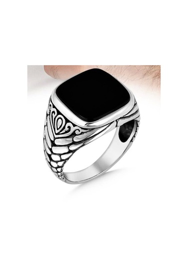 İpek Silver 925 Ayar Gümüş Dikdörtgen Siyah Oniks Taşlı Sade Erkek Yüzük