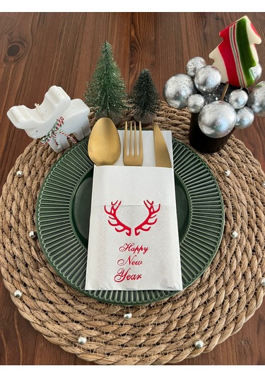 Kırmızı Yaldızlı Beyaz Cepli Küçük Geyik Boynuzu Peçete 12 Adet 40x40