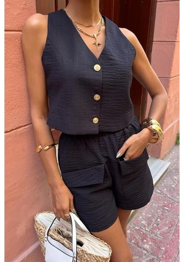 Mini Yelekli Şortlu Keten Takım 10176-08 Si Yah