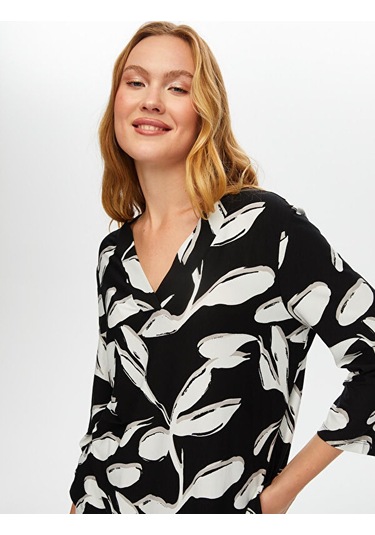 V Yaka Yaprak Desen Örme Bluz S25blz041 Us25blz04110 Siyah