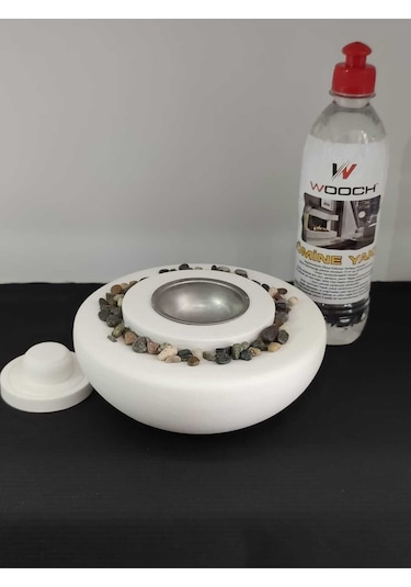 Dekoratif Masa Üstü Yuvarlak Ateş Çukuru Taş Şömine-500 Ml Yakıt Hediyeli - Beyaz