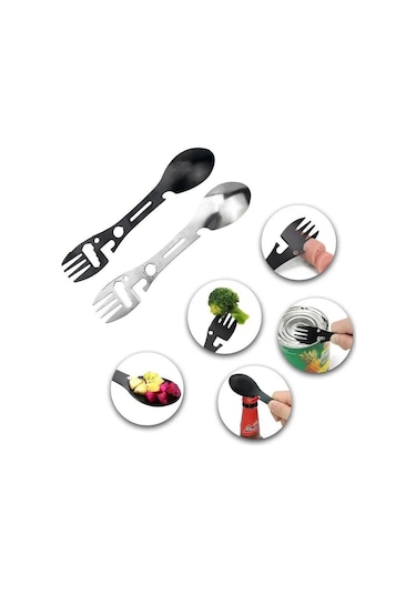 Siyah Paslanmaz Çelik Kamp Çatal Kaşık Çok Fonksiyonlu Kaşık 10 In 1 Entegre Çatal Kaşık Açık Çatal Kaşık Piknik Kesme Bıçağı Şişe Konserve Açacağı Siyah
