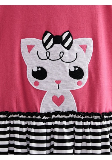 Denokids Kedicik Kız Çocuk Fuşya Yazlık Elbise Renkli Çok Renkli