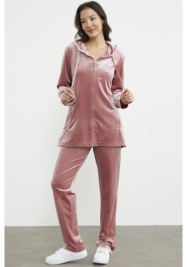 Tam Fermuarlı Tunik Boy Kadife Eşofman Takım - Pudra 001