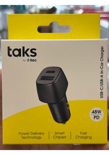 Taks 5cp02s Taks Cp02 Duo 48w Pd/qc Usb-c+usb-a Araç Hızlı Şarj Aleti Siyah