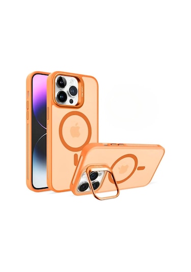 Apple Uyumlu iPhone 14 Pro Max Magsafe Stantlı Premium Kılıf Lens Turuncu