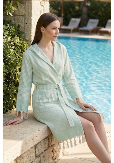 Kapşonlu Unisex Peştemal Plaj Bornozu %100 Pamuklu Seaside Stripe Yeşil