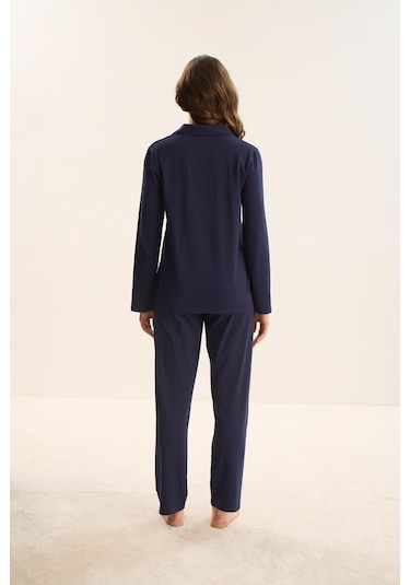 Kadın Uzun Kol Önden Düğmeli Lacivert Pijama Takım C3t9n9o51 001