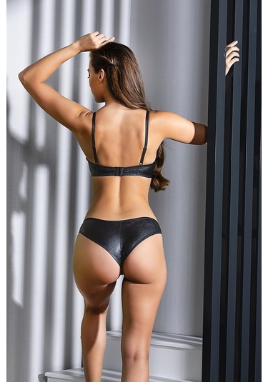 Deri, Dantel Detaylı, Desteksiz Sütyen Ve Slip Külot Takım Siyah Mgp31981 Siyah