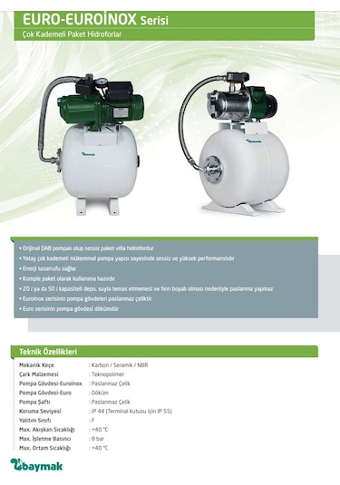 Baymak Euro 50/50 M Sessiz Hidrofor - 50 Litre - 8 Kat / 8 Daire