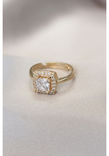 Gold Baget Ve Zirkon Taşlı Kare Yüzük Beyaz