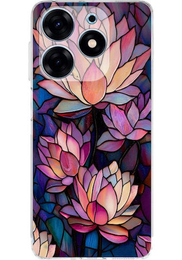 Printify Tecno Spark 10 Pro İle Uyumlu Vitray Sessiz Lotus Tasarımlı Şeffaf Silikon Kılıf Şeffaf