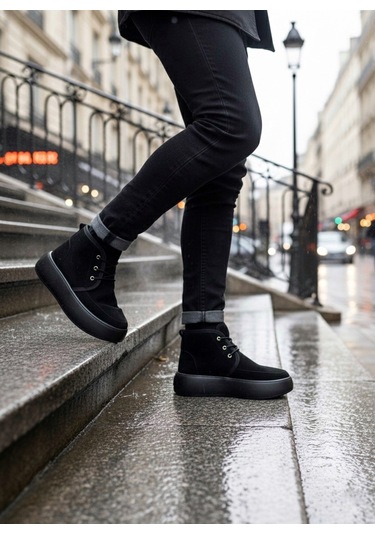 Ba0550 İçi Kürklü Bağcıklı Siyah Taban Erkek Tarz Spor Bot Siyah