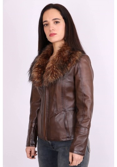 Kahverengi Hakiki Deri Çıkarılabilir Kürk Yakalı Mont Kaban