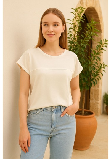 Kadın Beyaz Bisiklet Yaka Basic Kısa Kollu Bluz, Kadın Bluz Beyaz