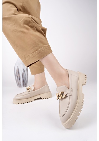 Muggo Crasher Kalın Taban Tokalı Günlük Casual Makosen Kadın Loafer Ayakkabı Ten Cilt