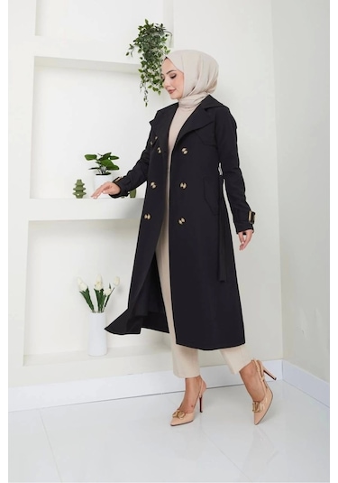 Pamuklu Bondit Kumaş Trençkot / M0105 - Siyah Siyah