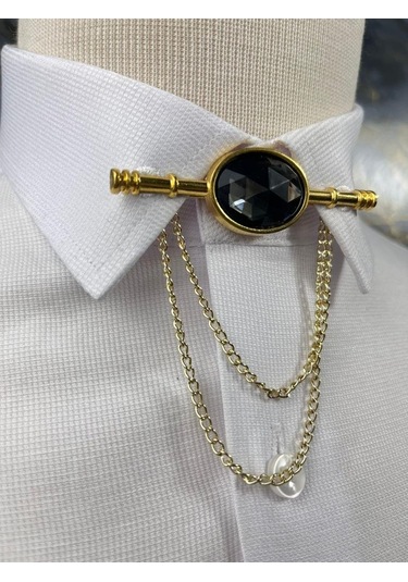 Siyah Taşlı Gold Zincir Detay Yaka Iğnesi Siyah