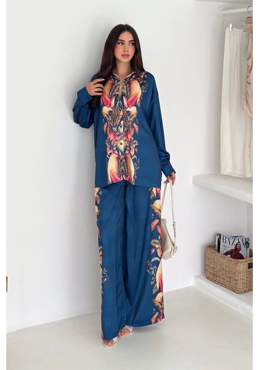 Saten Kumaş Desenli Takım Lacivert Lacivert