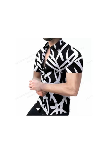 Snapbuy Erkek Geometrik 3d Baskılı Plaj Gömleği Kısa Kollu Hawaii Stil Küba Camisahaki Haki